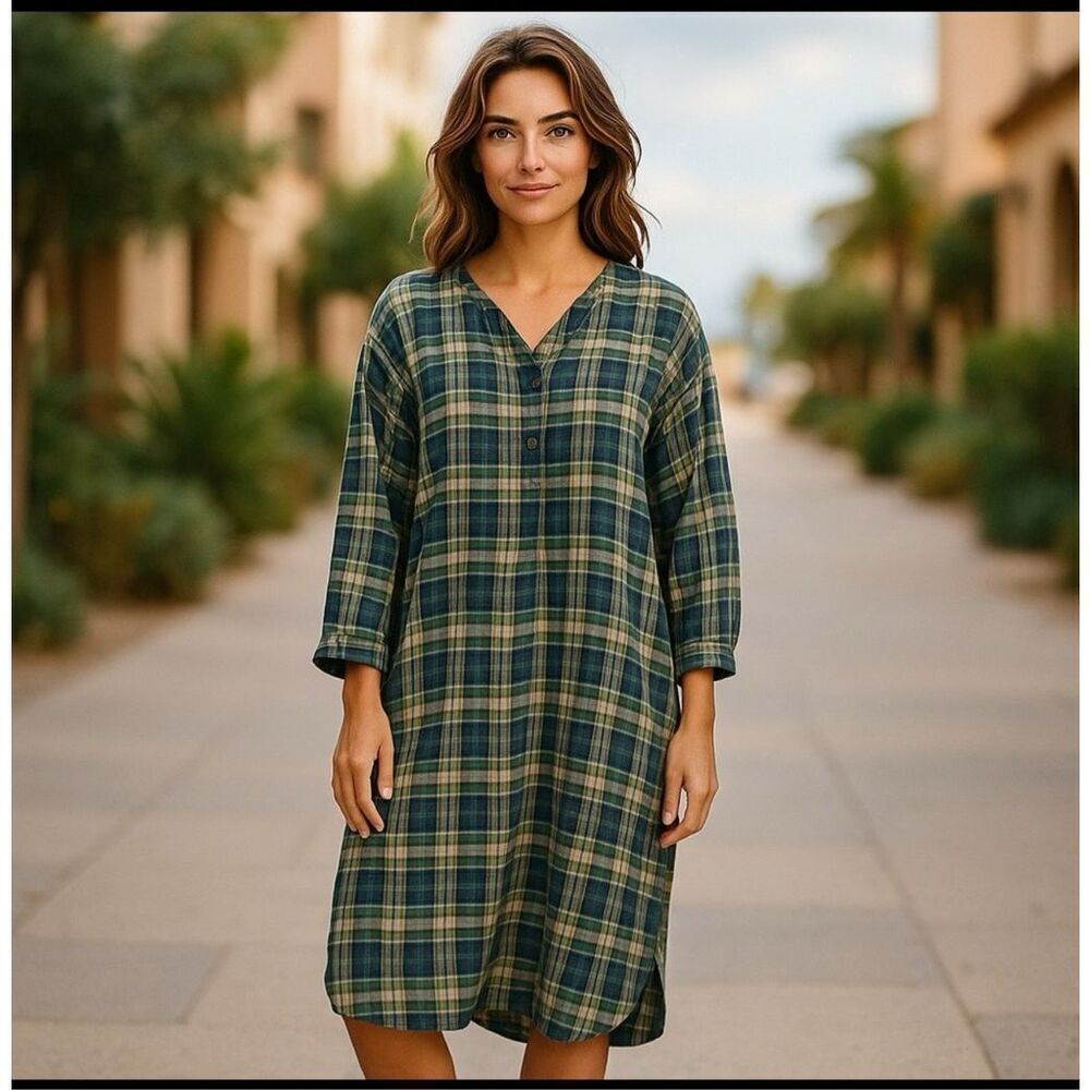 L.L Bean Green cream long sleeve nightgown XXL